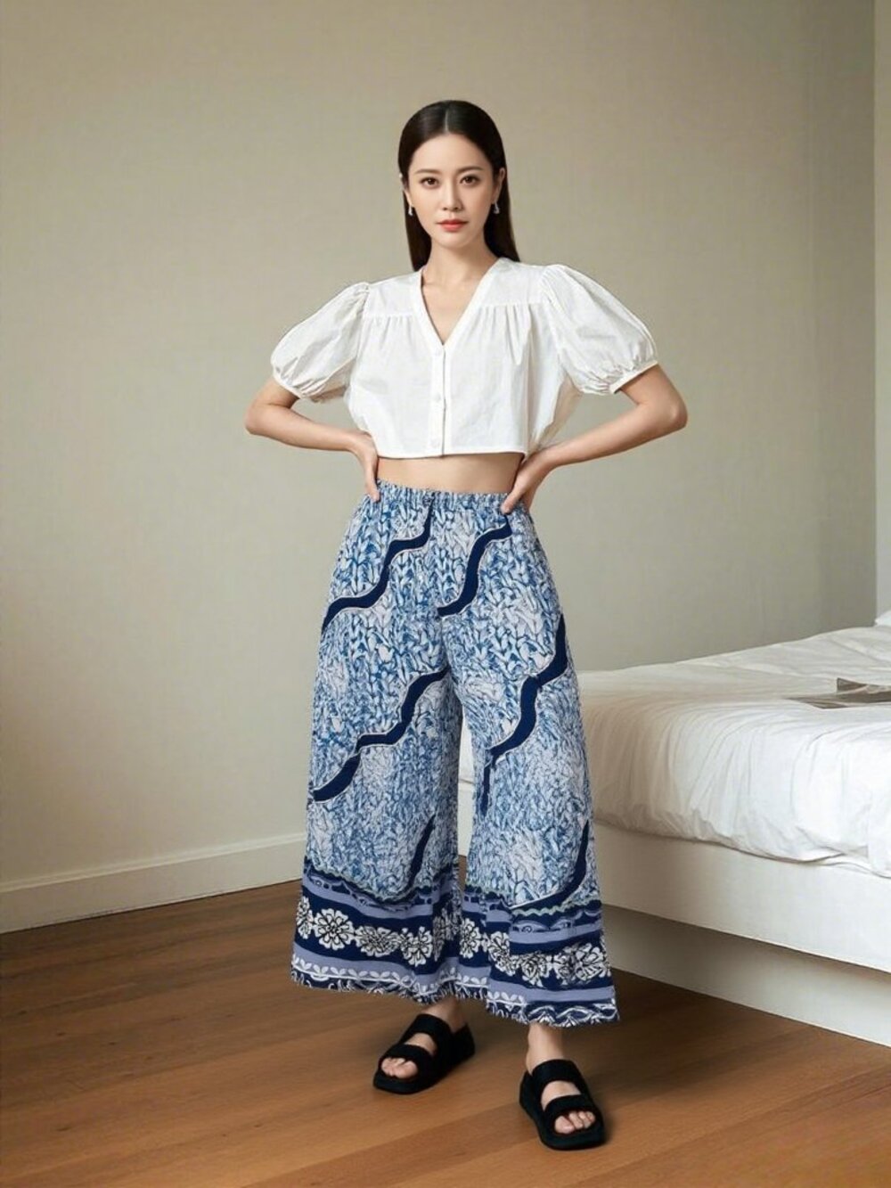 Gracia Navy and White Wide-Leg Printed Palazzo Pants